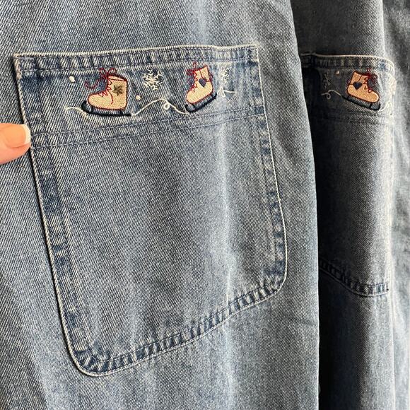 Vintage Christopher & Banks Denim Overalls Medium Embroidered Winter Holidays - Picture 6 of 10